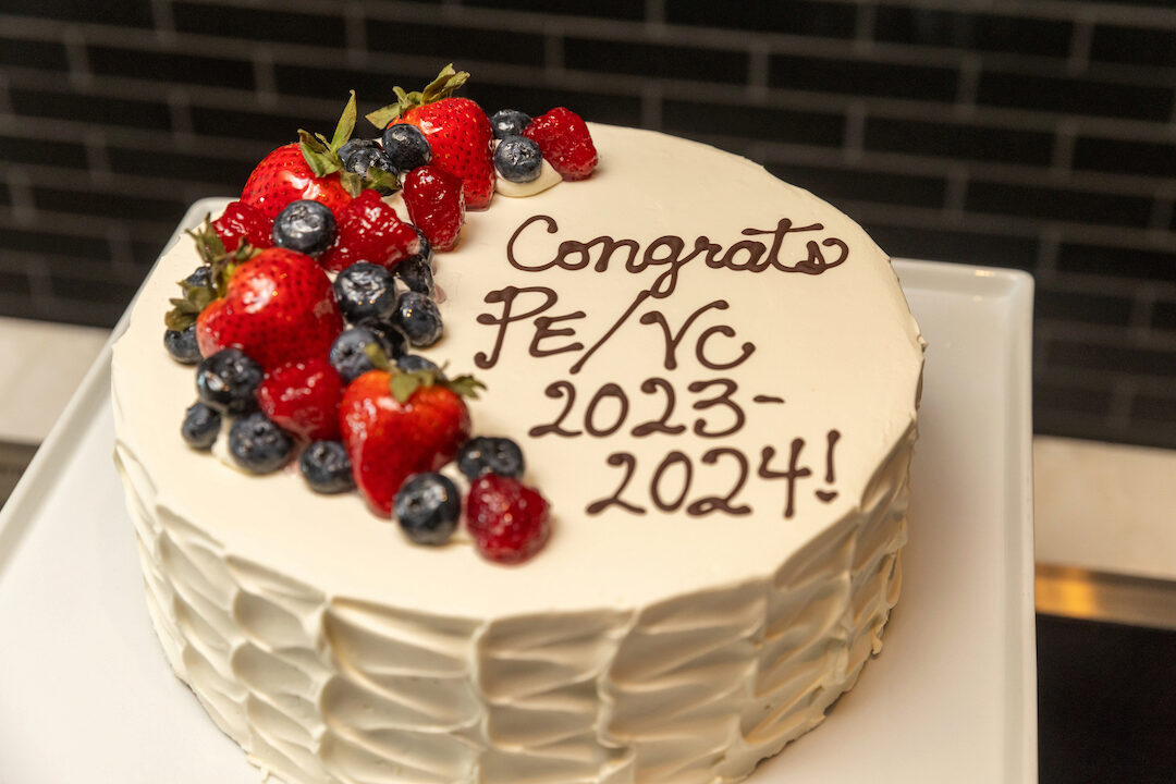 A cake with icing that says, "Congrats PE/VC 2023-2024